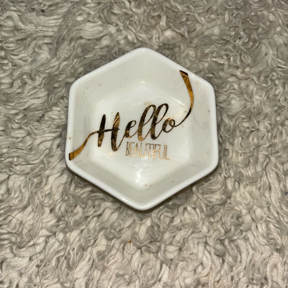 White Hexagonal Trinket Dish with Gold Accents